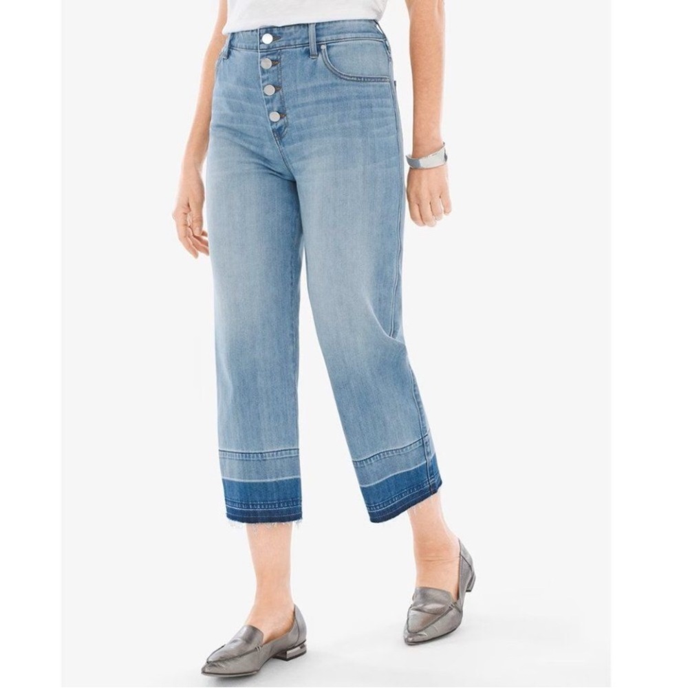 Chico's Two-Tone Light Blue Cropped Wide-Leg Jeans with Dark Hem - Picture 2 of 10